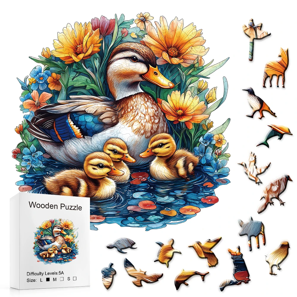 

Wooden Jigsaw Puzzle - Duck Family & Flowers Design with Unique Animal-Shaped Pieces, Challenging Puzzle for Adults and Kids, Id