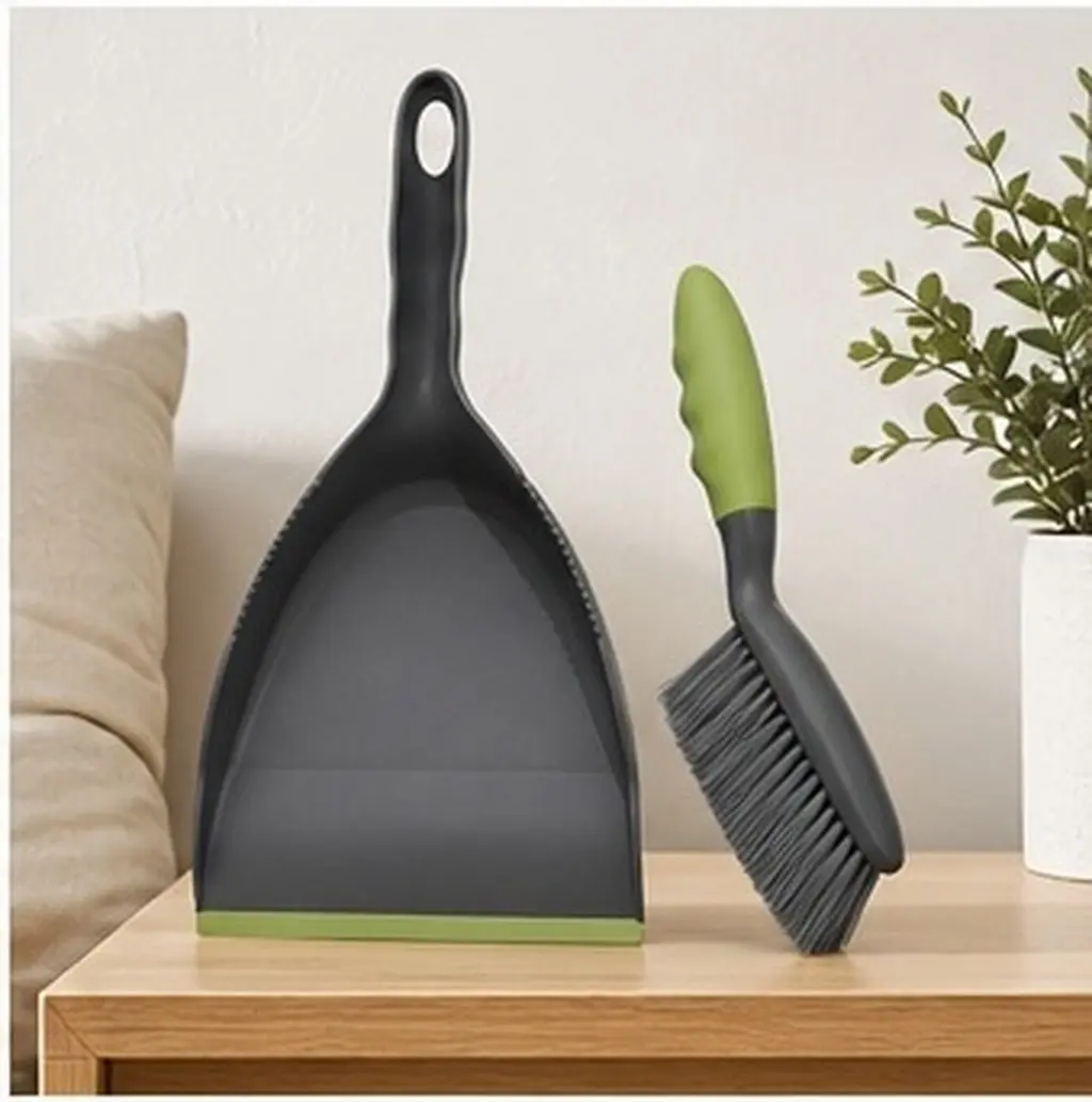 1Set Desktop Broom with Dustpan Mini Cleaning Kit Slim Flexible Bristles for Desk Bed Car Interior Pet Hair Debris Removal Tool