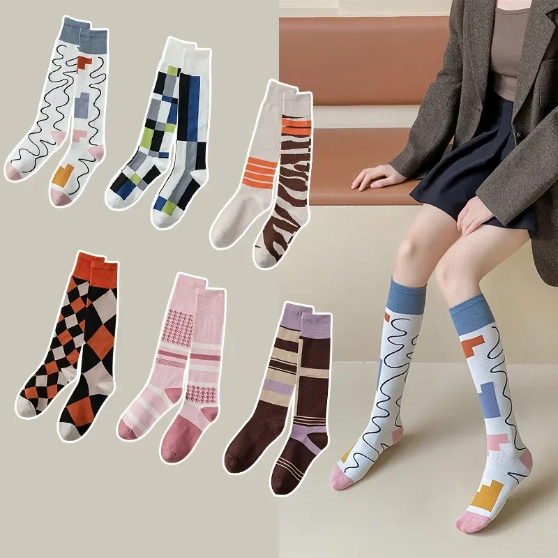 

ins pure cotton alphabet rhombus over the knee socks Korean version of cotton socks fashion trend socks