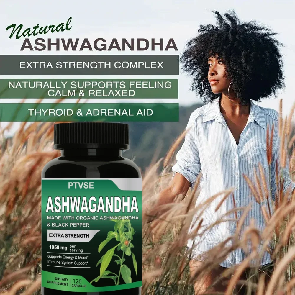 Ptvse แคปซูลสารสกัดจากราก Ashwagandha ออร์แกนิกบริสุทธิ์1950มก. ช่วยคลายเครียด, โฟกัส, สมอง, พลังงานสนับสนุนสุขภาพการนอนหลับ