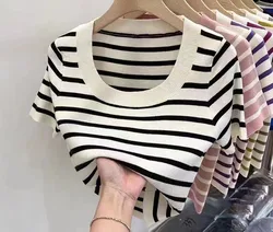 Summer New Fashion Stripe Knitted Short Sleeves Top For Women Korean Minimalist Round Neck Slimming Slim Fit Female Colthing Top