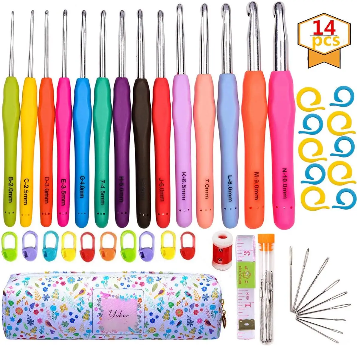 

Ergonomic Crochet Hooks Set with Case, 14 Sizes 2mm-10mm Extra Long Knitting Needles for Arthritis