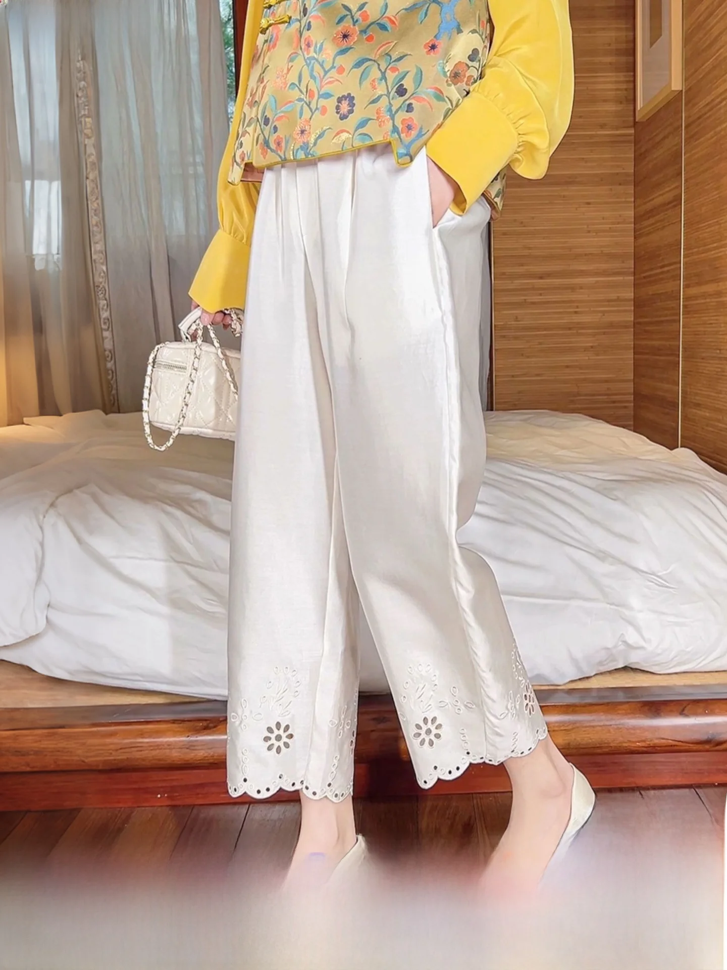 

High Quality Silk Wool Pants Women's Summer Thin Hollow Embroidery Silk Straight Leg Wide Leg Pants Casual High Wais...