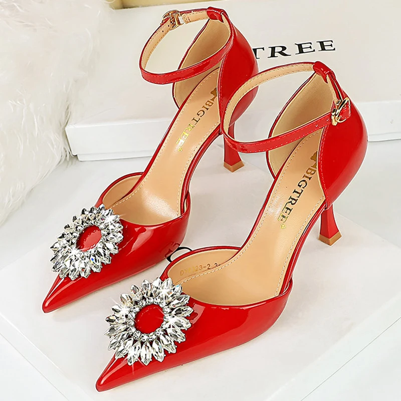 BIGTREE Shoes Buckle Women Pumps Rhinestone High Heels Patent Leather Lady Heels Sexy Party Shoes Women Summer Low Heel Sandals