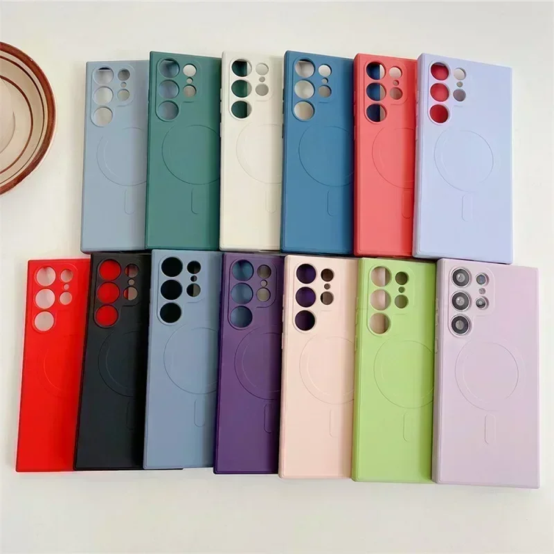 เคสซิลิโคนเหลวแม่เหล็กแบบดั้งเดิมดั้งเดิมสำหรับ Samsung S23 S22 S24 S21 ultra PLUS FE MagSafe ที่ครอบป้องกันเลนส์ชาร์จแบบไร้สาย