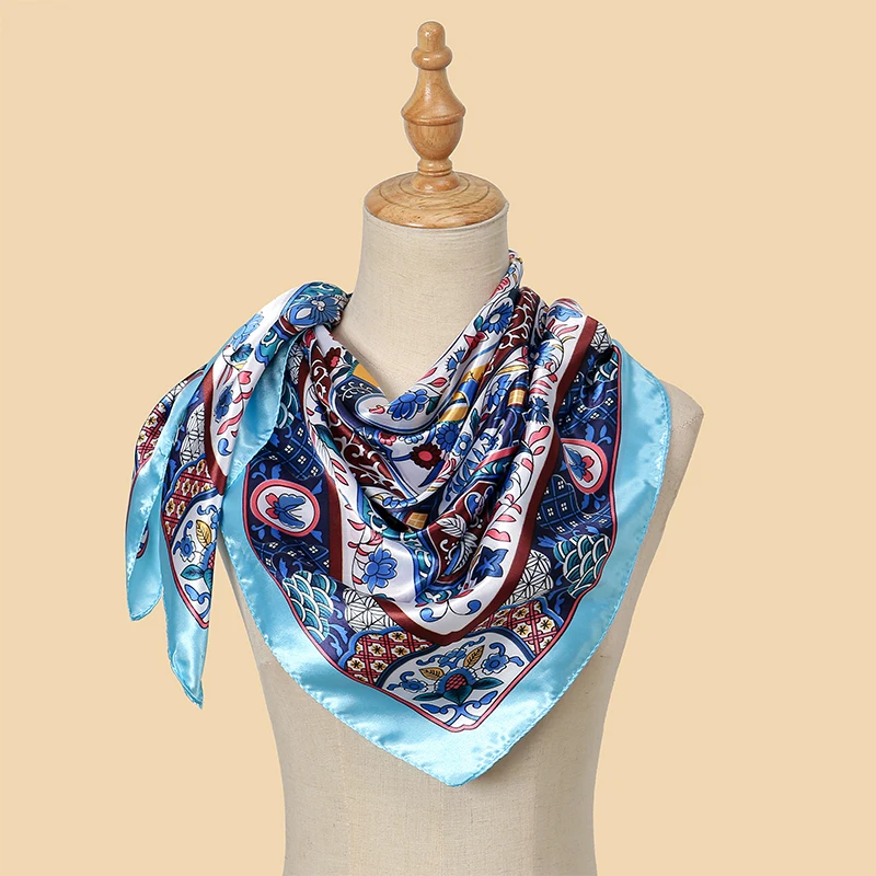 Luxury Printing 90*90cm Women Silk Scarf Satin Twill Square Big Shawl Elegant Headscarf Smooth Soft Neck Tie Bandana Scarves