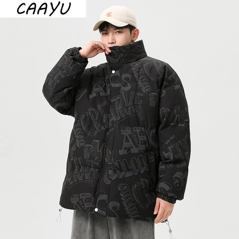 

CAAYU 2022 Winter Down Jacket Men's Fashion Casual Harajuku Oversized Coat Japanese Streetwear Windproof Outwear Black Coat Male