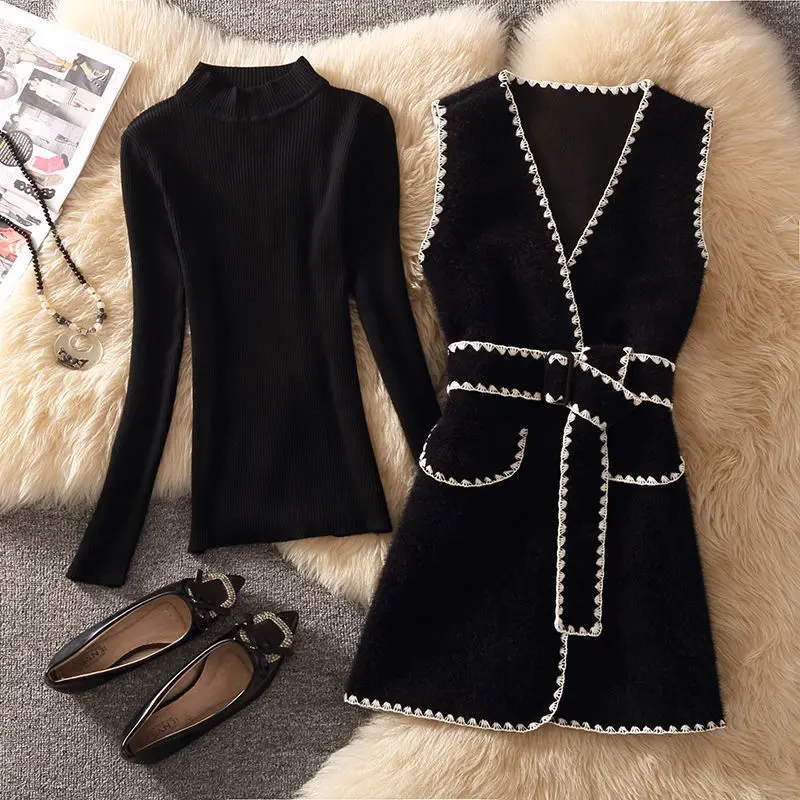

Women Autumn Winter Vintage Suit Pullover Knitted Sweater Top And Woolen Vest Jacket Two Piece Set Elegant Chic Outfit Clothing