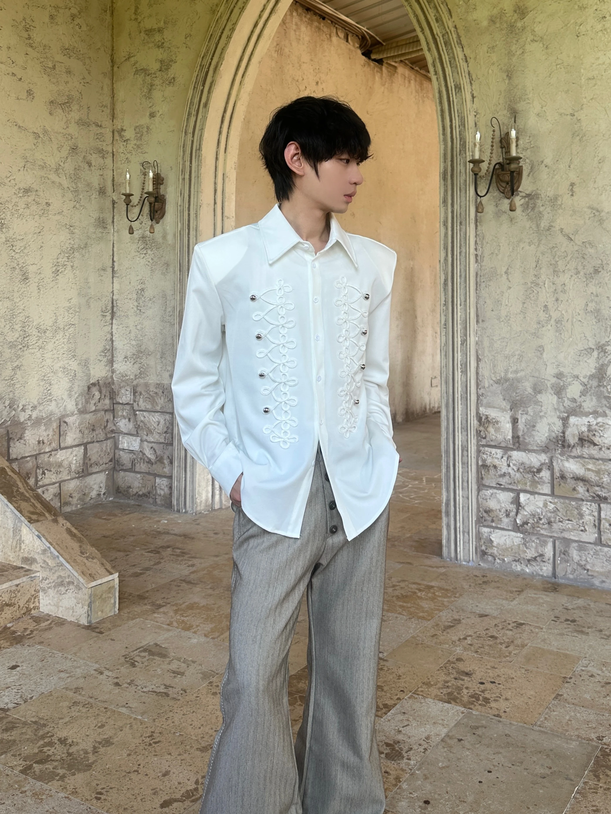Marthenaut Court Style Men's Shirt Long Sleeve Embroidery Design Shoulder Pad Classic French Style Loose Fit Polyester Blend