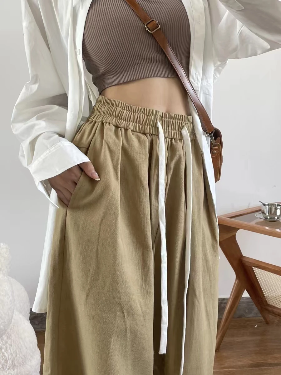 

Брюки рабочие цвета хаки женские, с высокой талией, повседневные, прямые, свободные, широкие, весна-осень, в корейском стиле, длинные