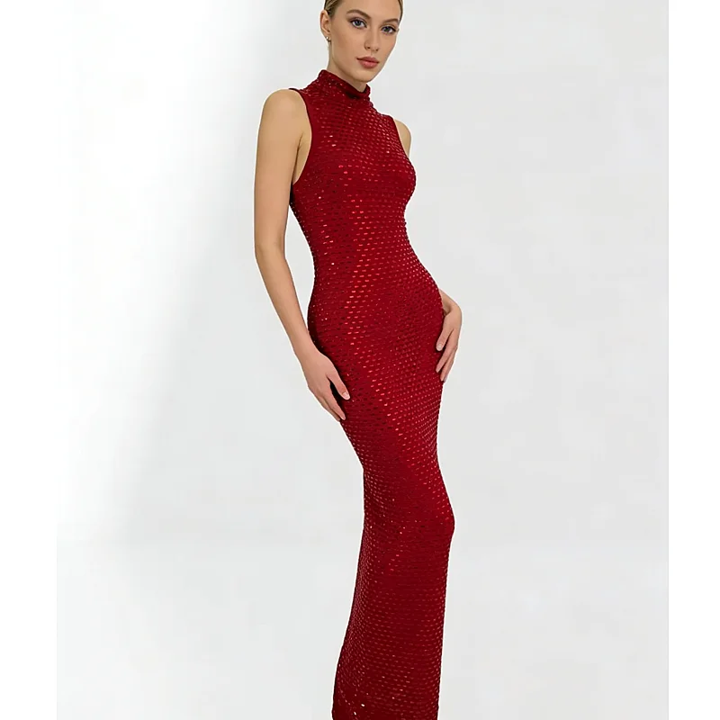 Fashionable Sparkling Diamond Mesh See Through Bodycon Dress  Elegant Woman Evening Party Dress Celebrity Birthday Party Dress