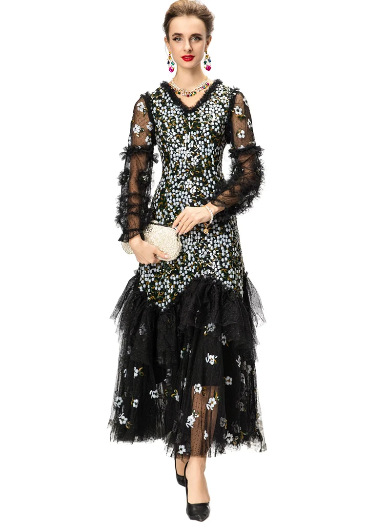 DLDENGHAN 여성용 스팽글 자수 메쉬 맥시 드레스 브이넥 랜턴 슬리브 프릴 우아한 볼 가운 드레스 패션 가을 여성