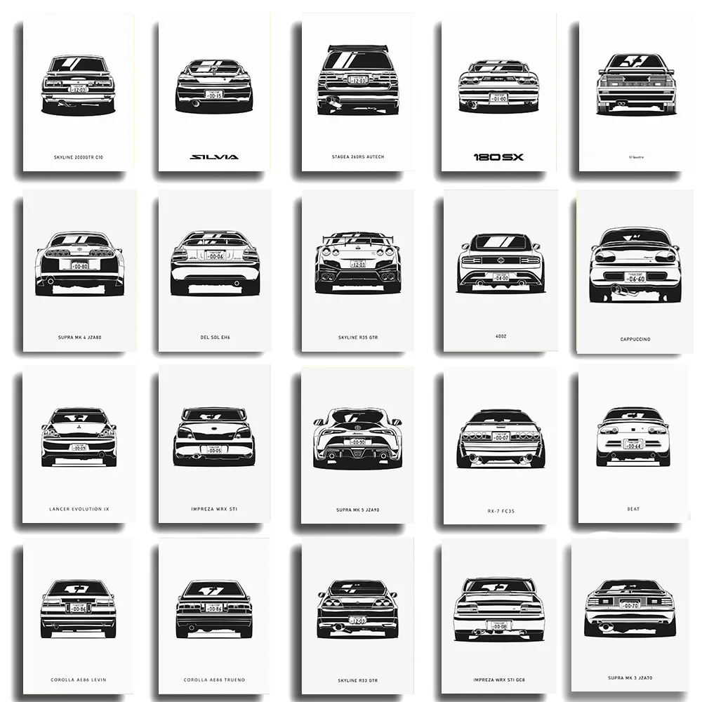 80s Car Black and White Car Poster AE86 S1 Sport Cars Off-road Pickup Supra Mk3 Decoration Wall Art Home Decor Painting Canvas