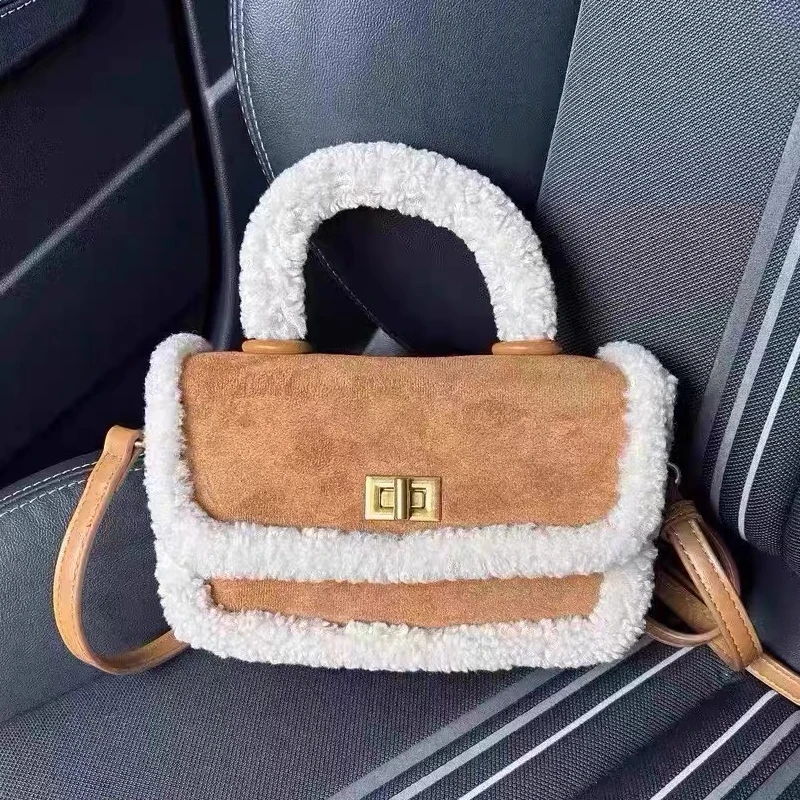 

Faux Suede Mini Box Bags For Women Luxury Designer Handbags Purses 2025 New In Imitation Lamb Wool Trim Lock Top Handle Shoulder