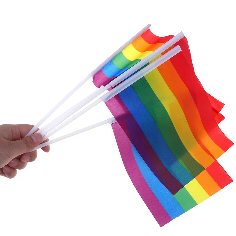 Bandera de arco iris de mano para decoración de jardín, minibanderas de escritorio de 20x14cm, 5 piezas, para fiesta de orgullo, con palo pequeño blanco