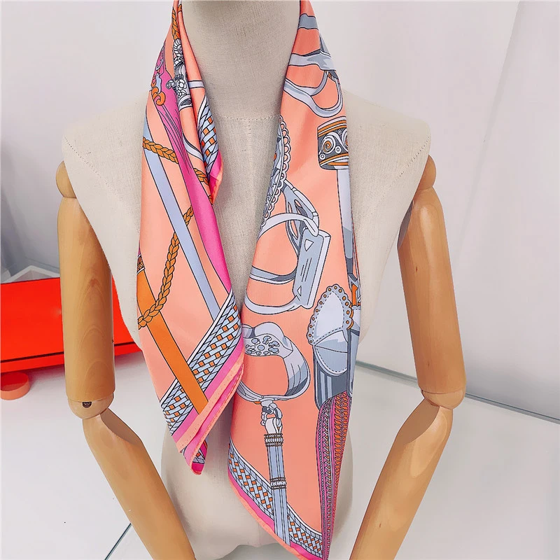 Belt Stirrup Print Manual Hand Rolled Twill Silk Scarf Women Fashion Square Scarves Foulard Femme Wrap Lady Bandana Hijab