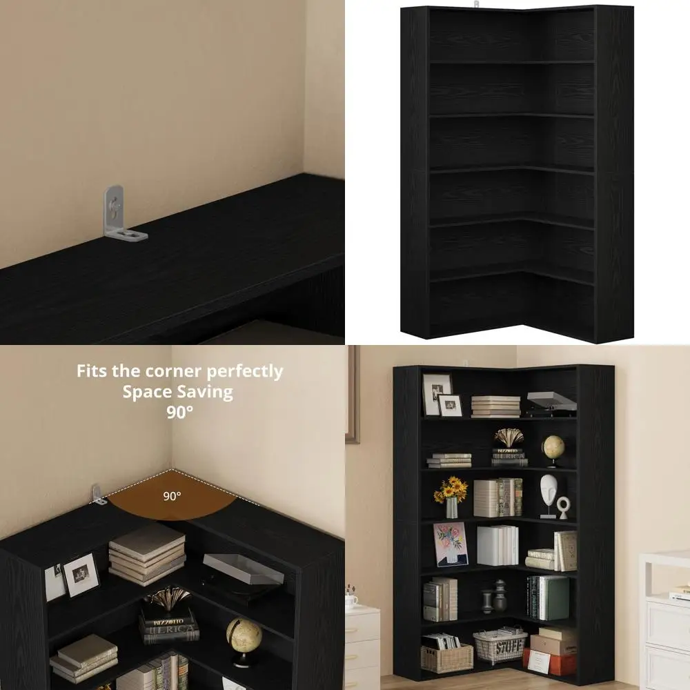 Estantería esquinera de 6 niveles con deflectores, estante de almacenamiento Etagere negro para sala de estar y oficina en casa
