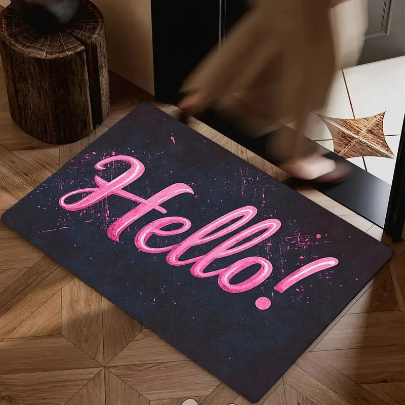 hello pink script design doormat dark blue background polyester non slip for front door entryway machine washable home decor