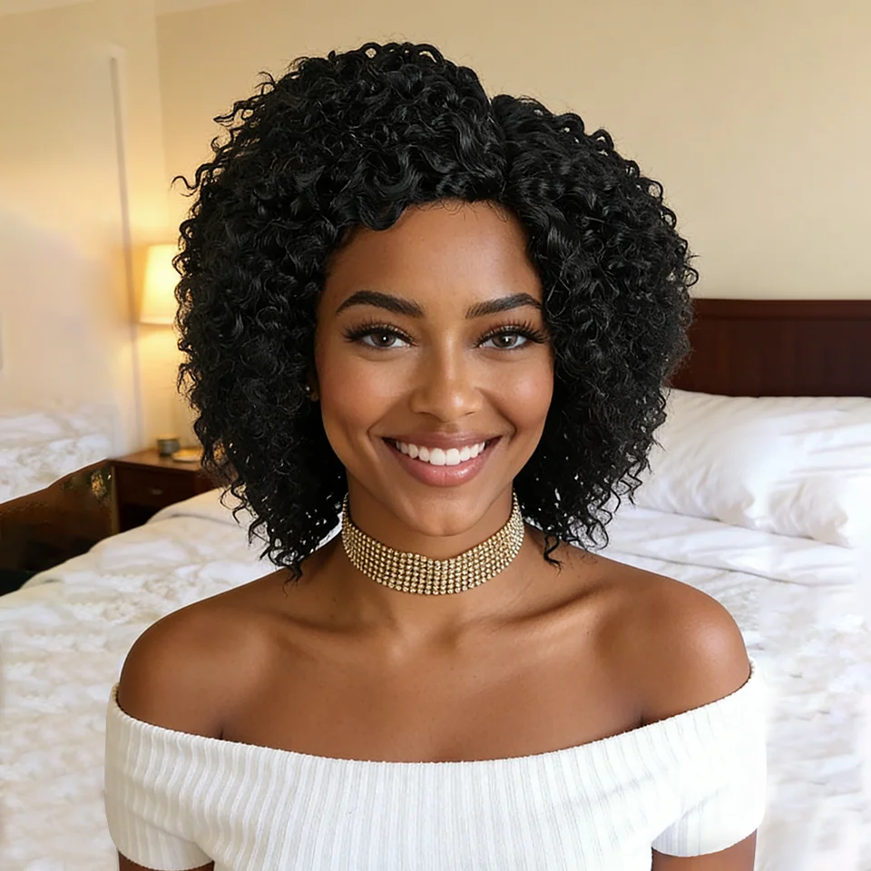 

Парик из натуральных афро-кудрявых волос высокой плотности, 250% плотность, короткий боб, без клея, для чернокожих женщин.