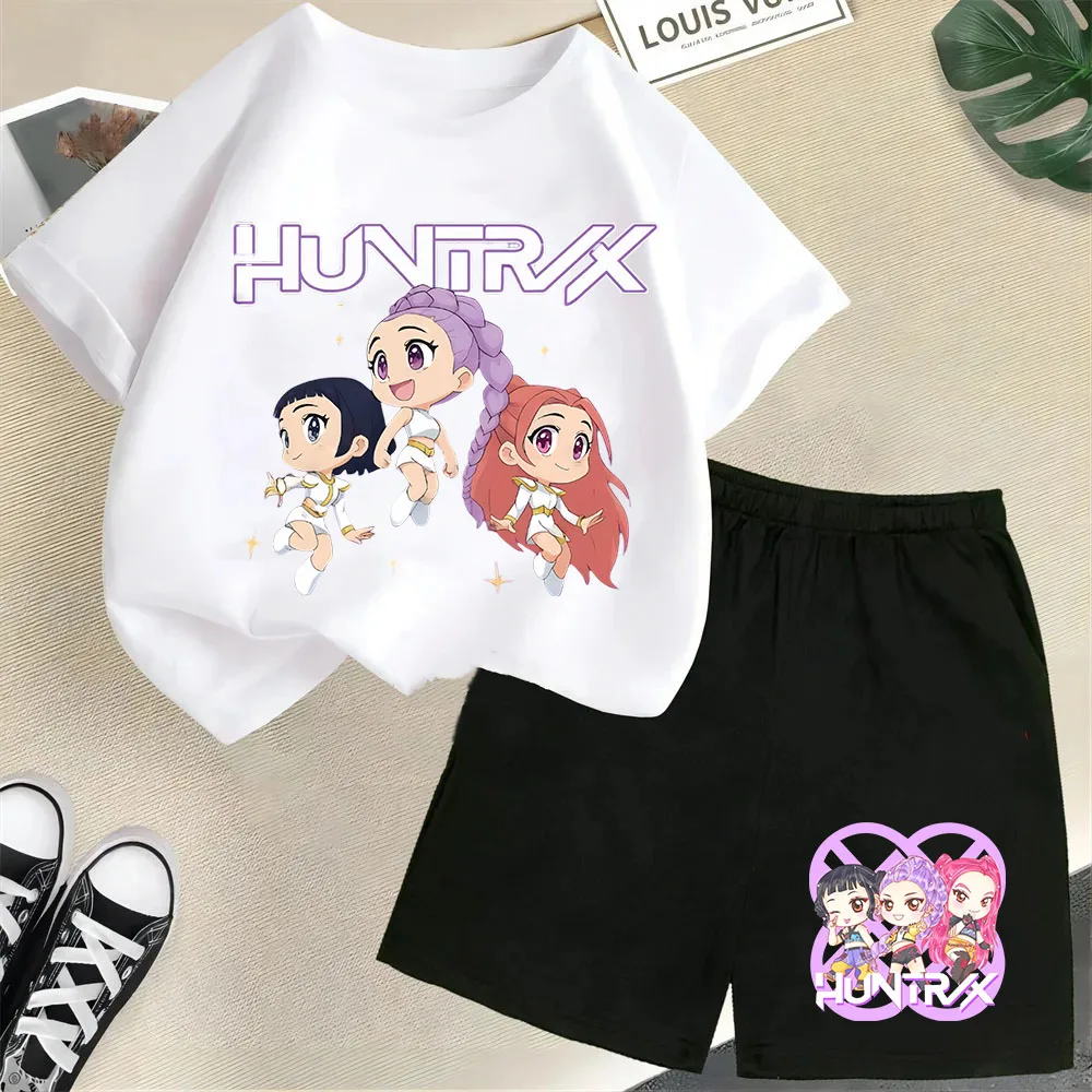 

2025 New Children's Cotton Korean Wave Demon Hunter Print Fashion Casual Movie Cartoon Boys And Girls Short-sleeved Tshirt Set