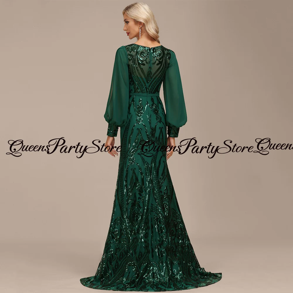 Emerald Green Mermaid Mother of The Bride Dress Puff Sleeves Scoop Neck Shinny Sequin Wedding Guest Gown Evening Party Dresses