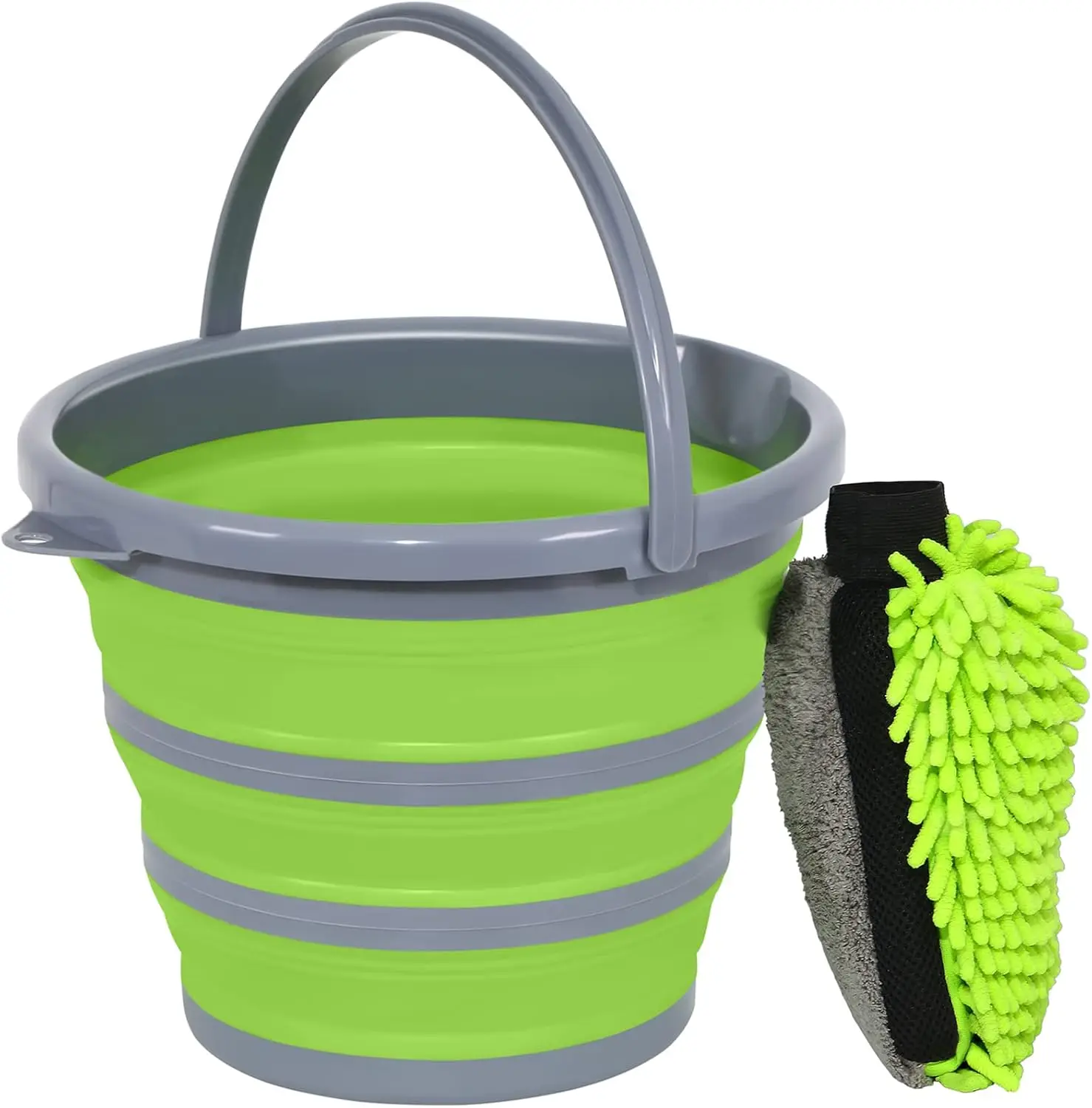 

Collapsible Bucket with 3-in-1 Car Wash Mitt, Coral Velvet + Weave + Chenille Microfiber Glove Sponge, 10L (2.6 Gallon) Portable