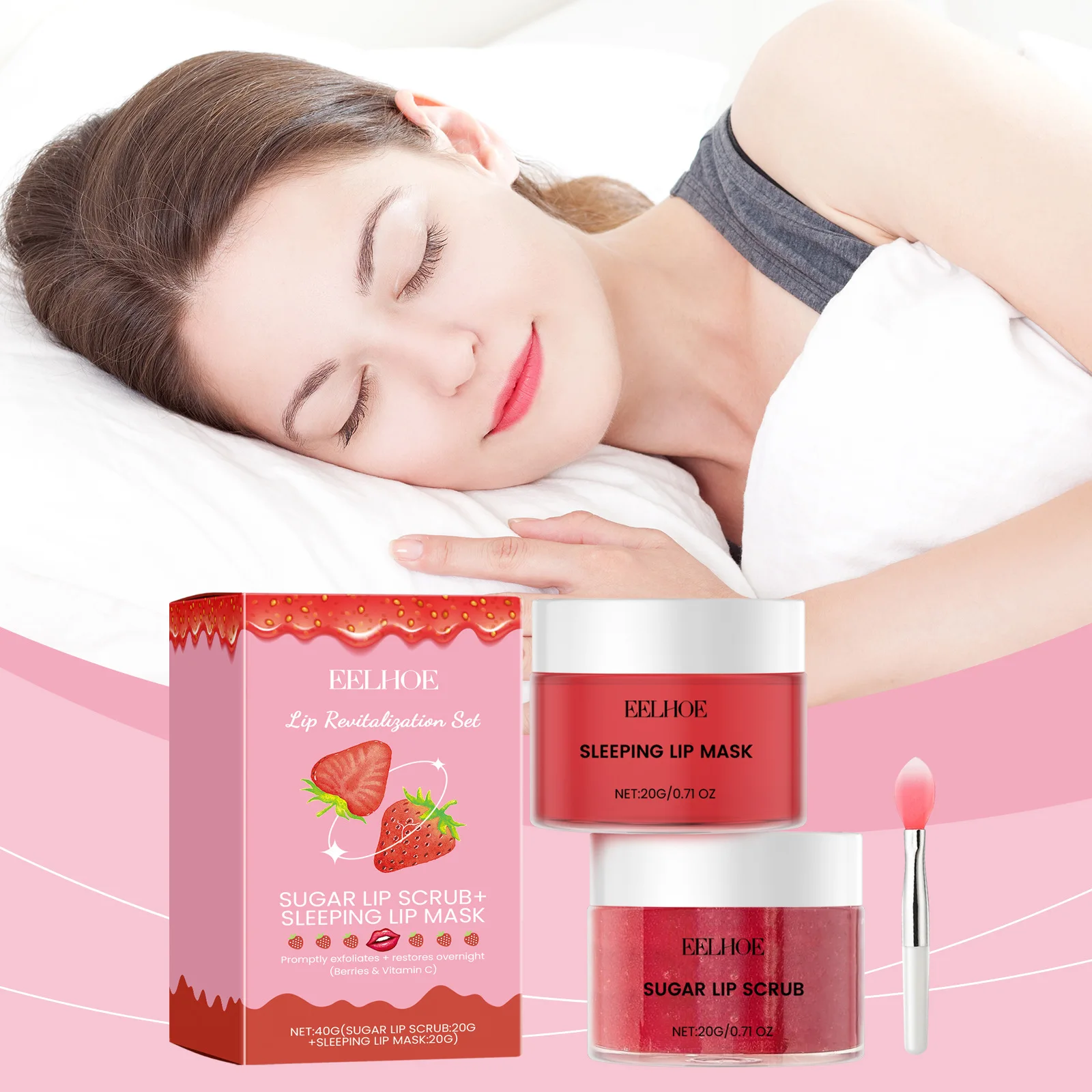 รสสตรอเบอร์รี่ Lip Care Kit ผลไม้ Scrub Lip Mask ชุดสองชิ้น Moisturizing Lip Care ช่วยขจัด Dead Skin Smooth Delicate Lips