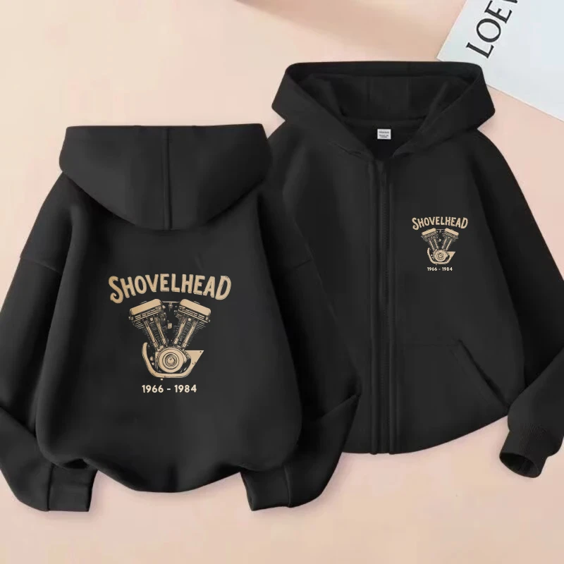 

Men's Hooded Jacket Black Shovelhead Motorcycle Engine Print 1966-1984 Biker Style Casual Streetwear for Motorbike Enthusiasts