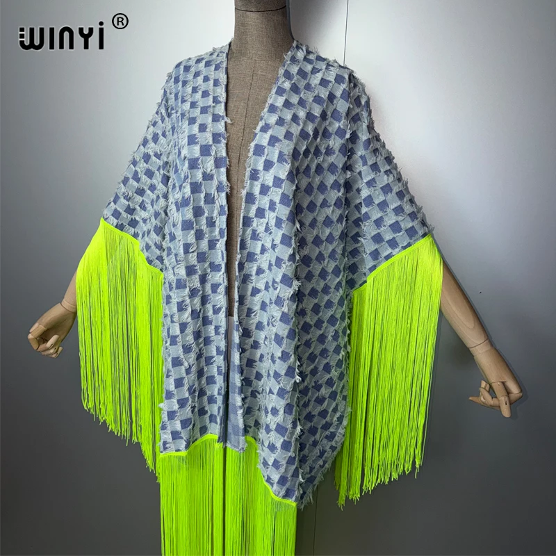 WINYI Denim tassel coat beach cover-up summer outfits for women Elegant fashion Cardigan sexy Holiday print maxi dress