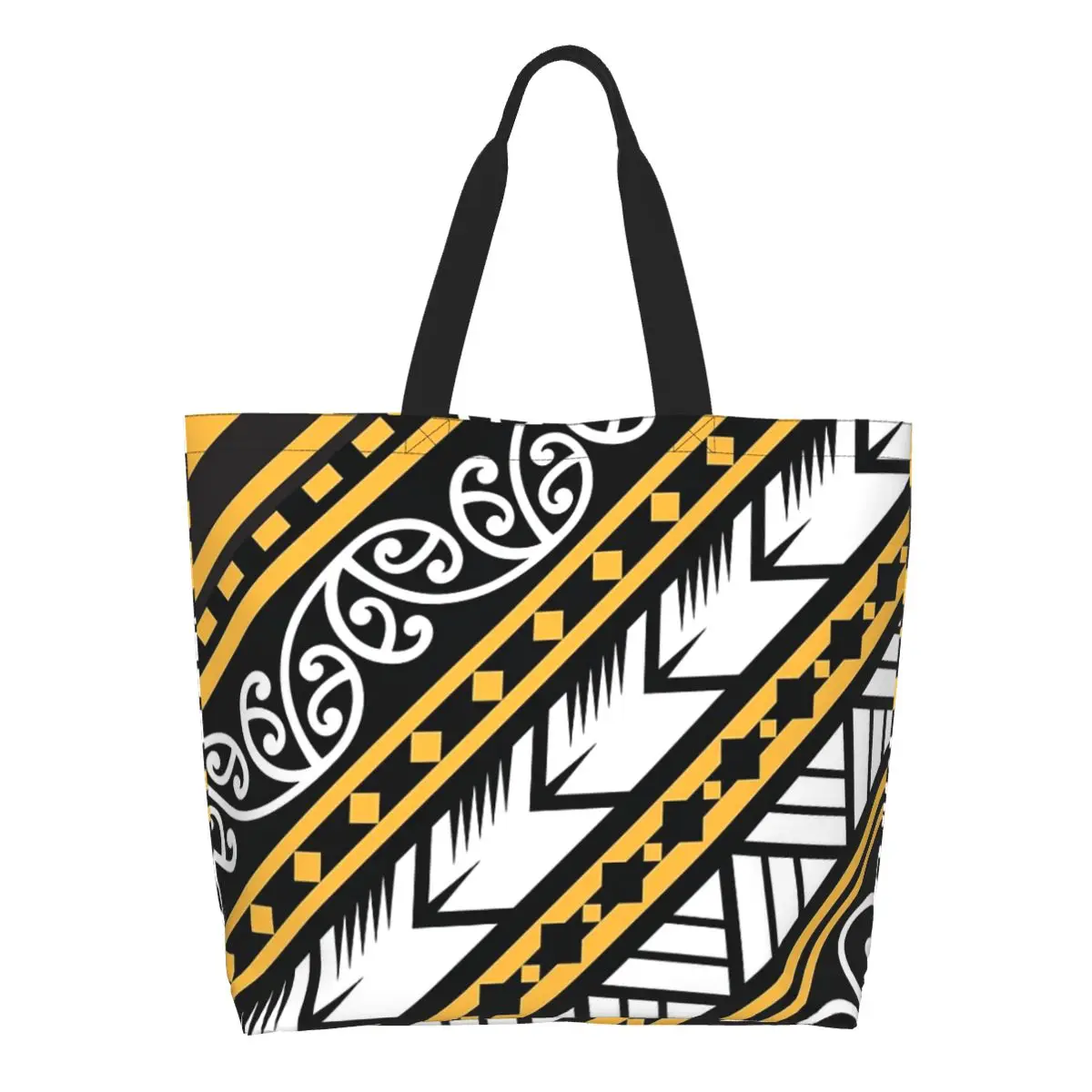 Traditionally Yellow And Black Maori Design From New Zealand Shopping Tote Bag Canvas Shoulder Bags Shopper Grocery Handbag