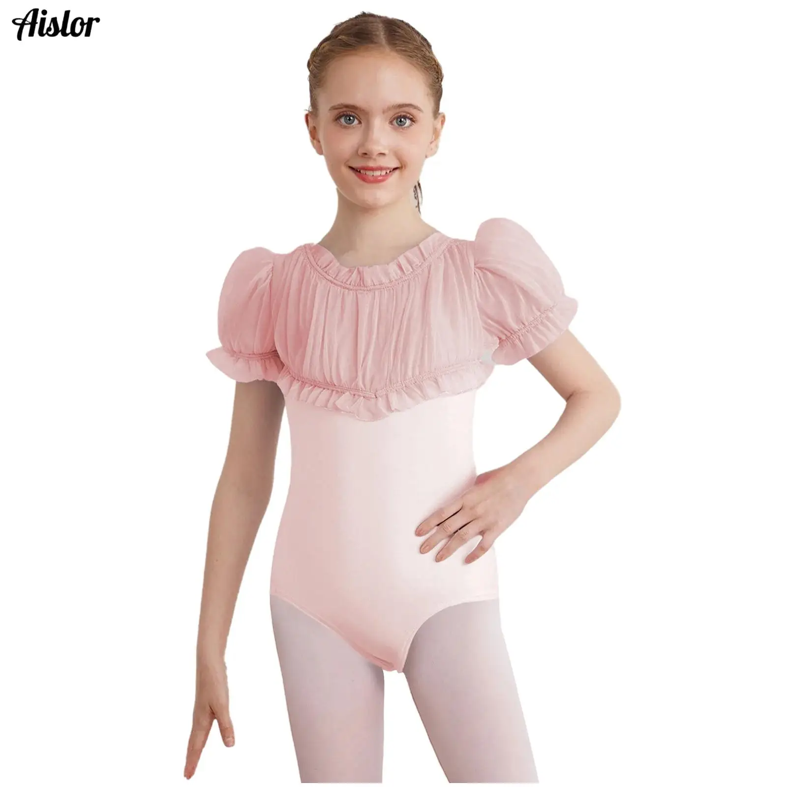 Kinder Mädchen Ballett Tanz Trikot Rüschen Rundhals Kurze Puffärmel Geraffte Sheer Mesh Patchwork Mieder Body für Praxis