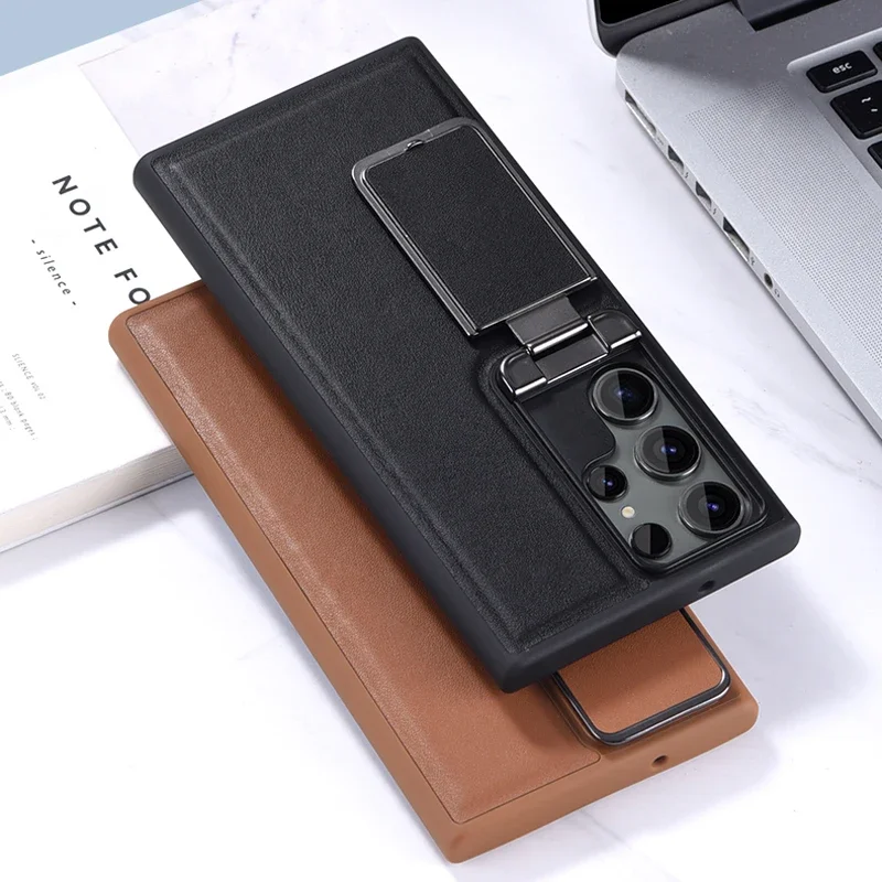 Retro For Samsung Galaxy S23 S24 Ultra Camshield Foldable Holder Bracket Case Business Leather Camera Lens Flip Kickstand Cover