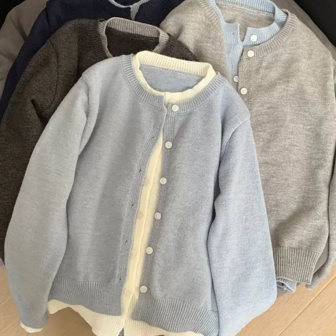 

Korean Splicing Color Contrasting Fake Two Piece Sweater for Women Autumn Winter Loose Grey Knitted Cardigan Coat Women Clothing