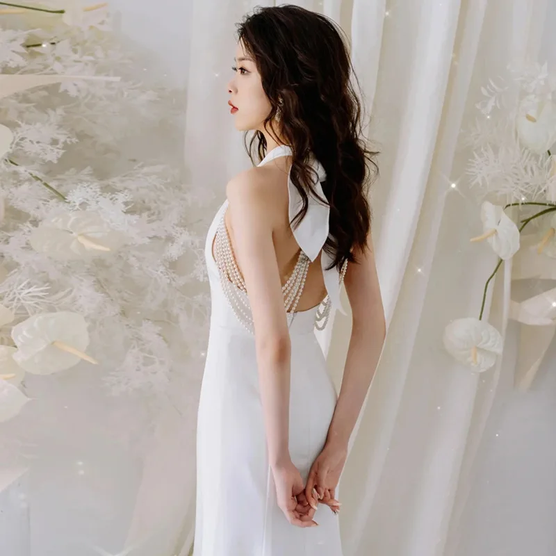 

Light Wedding Dress Satin2025New Bridal Temperament Fishtail Wedding Veil Sexy Backless Halter Exterior Dress