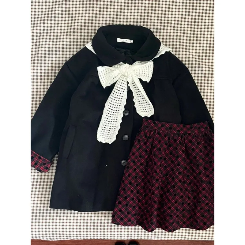 

Japanese Sweet Preppy Style Women 3 Piece Set Elegant Warm Coat + Bow Scarf + Plaid Skirt Harajuku Fashion Outfits Autumn Winter