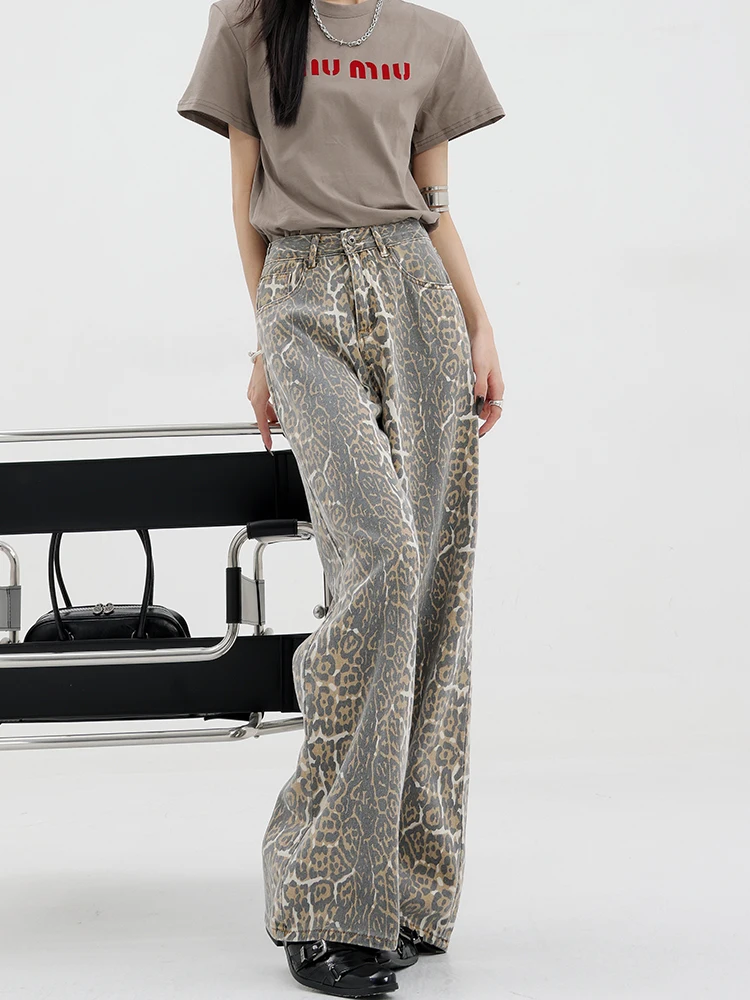 

Leopard Print Jeans 2024 Retro Fashion Women High Waisted Straight Pants Streetwear Wide Leg Denim Trousers Y2k Baggy Jeans