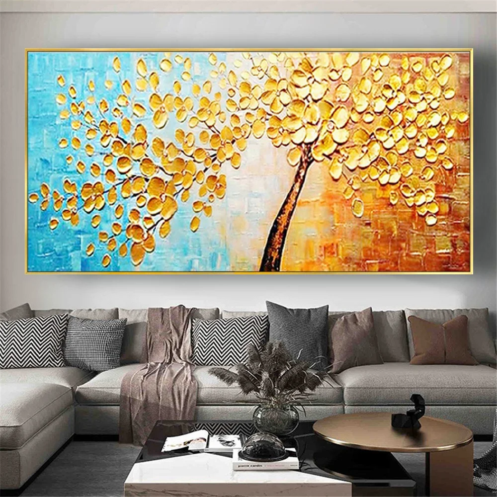 

Hand Made Modern Palette Knife Oil Painting Gold Tree Picture Living Room Wall Decor Poster Canvas Pattern Texture Art Image