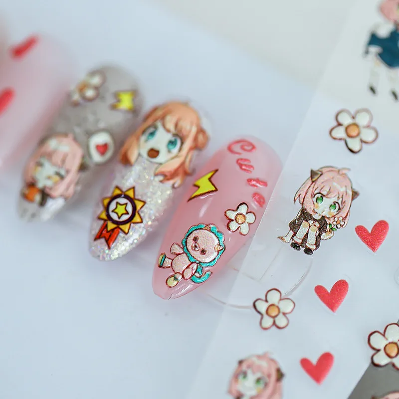 Pegatinas de uñas de la familia Spy, pegatinas de dibujos animados de Anime, artesanía en relieve, deslizador de Arte de uñas fino y resistente,