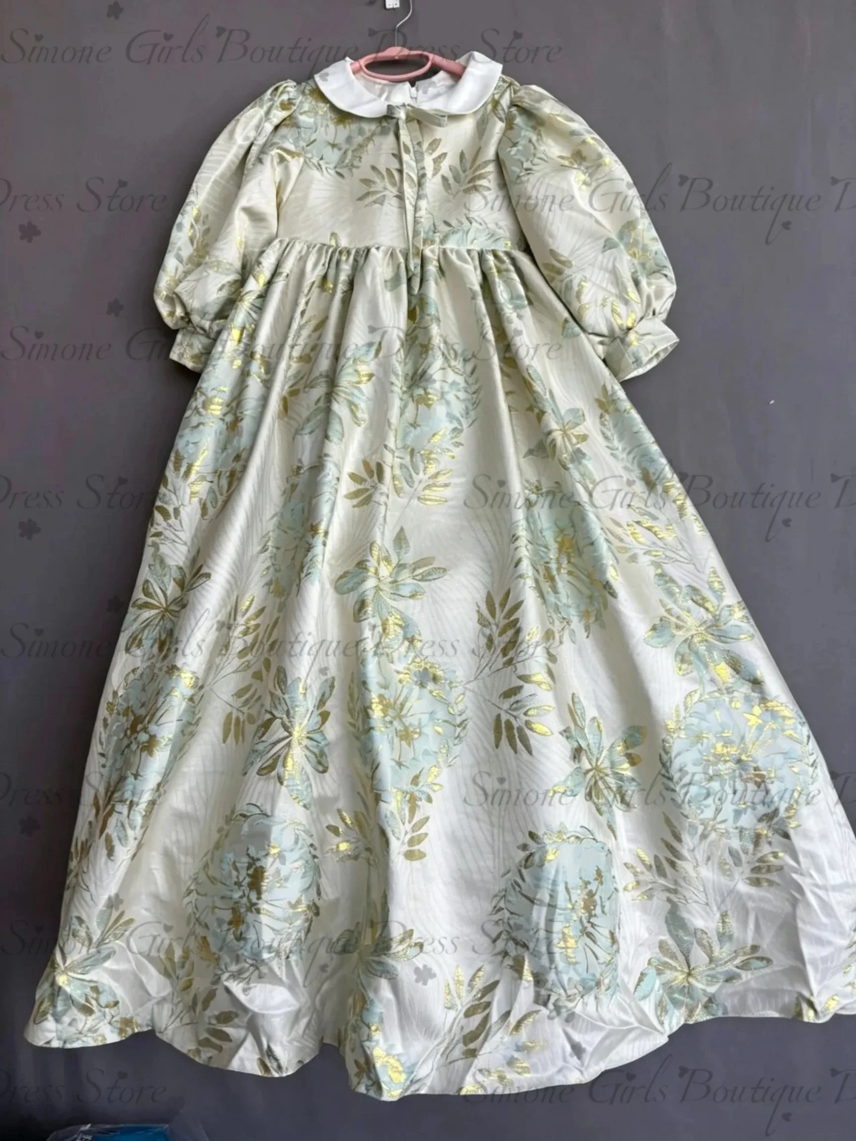 Großhandel Mädchen Prinzessin Grünes Mädchenkleid mit Puffärmeln Blumenmädchenkleid für Hochzeit Kinder Blumen Geburtstagsparty Kleid Maßanfertigung – Detail 3