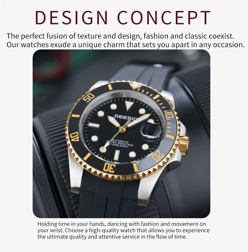 DEESIO Men's Luxury Full Automatic Mechanical Watch, Black-Golden Dial, Luminous Self-Winding, Date Calendar, High-Hardness Mineral Glass, Soft Silicone Rubber SweatproofStrap,Upgrade 100M Water Resistant, Business Casual Sport Analog Round Gift for Men