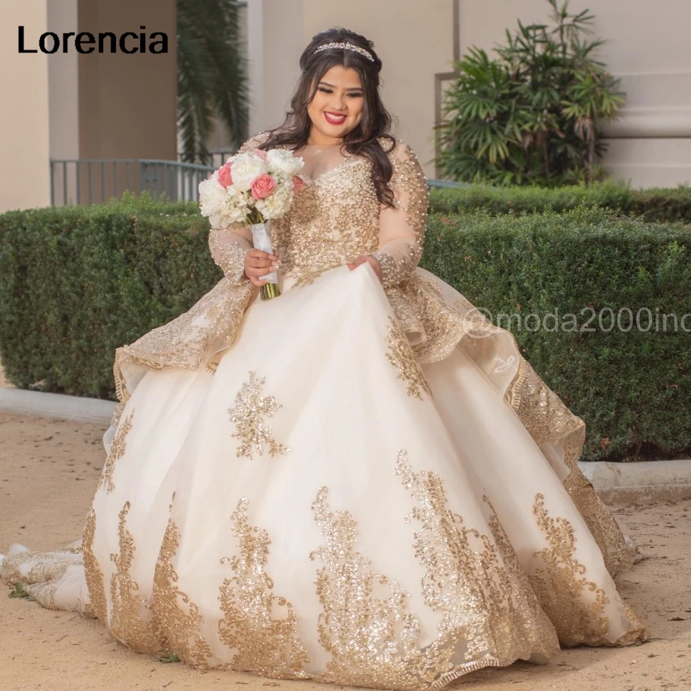 Customized Champagne Quinceanera Dress Ball Gown Gold Lace Applique Beaded Pearls Corset Sweet 16 Vestidos De 15 Años YQD969