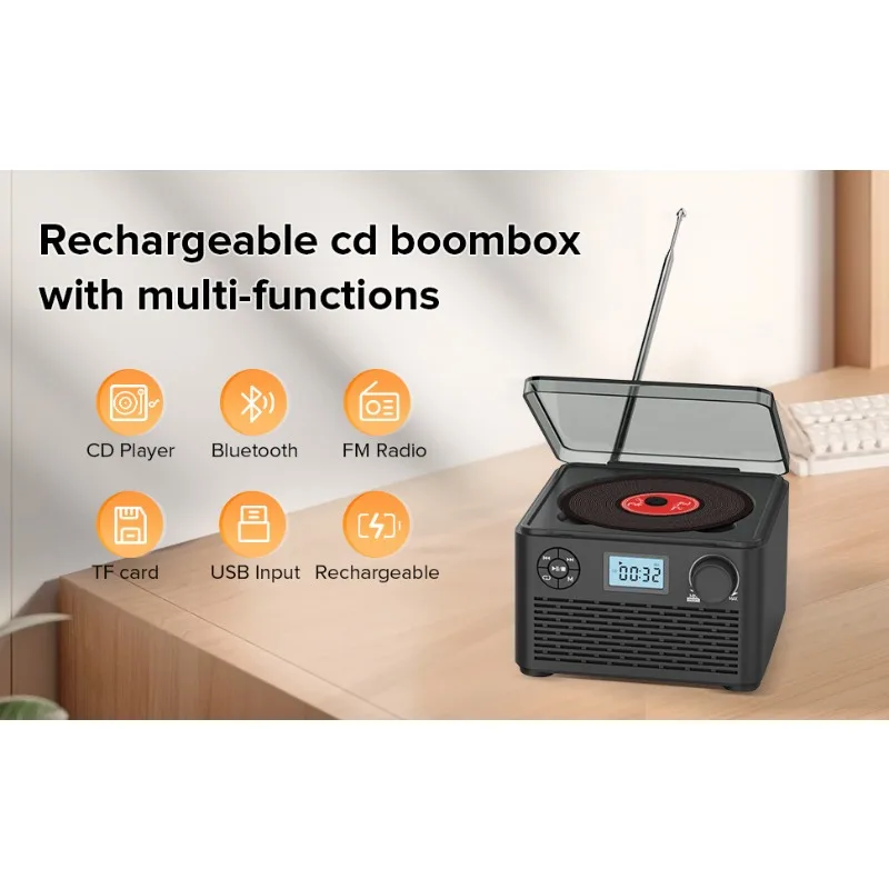 

Портативный CD-плеер с Bluetooth, музыкальный плеер 6-в-1 с FM-радио, воспроизведением с USB и TF-карт