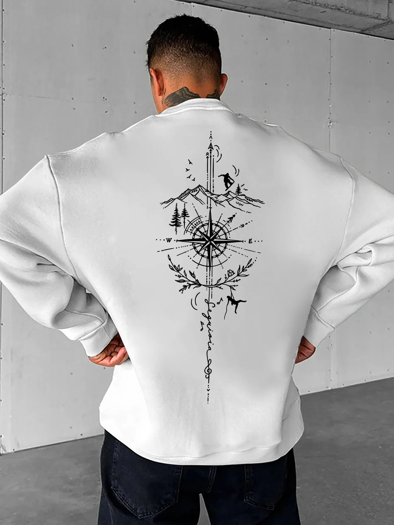 Milk Silk Crew Neck Sweatshirt Mountain Compass Back Print Men Regular Fit Pullover Camping Daily Wear Washable Sweatshirt