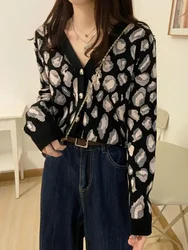 Women's Spring Autumn Cardigans Korean V-neck Cardigan Top Leopard Loose Slim Long Sleeve All-match Sweaters Female Tops PL437