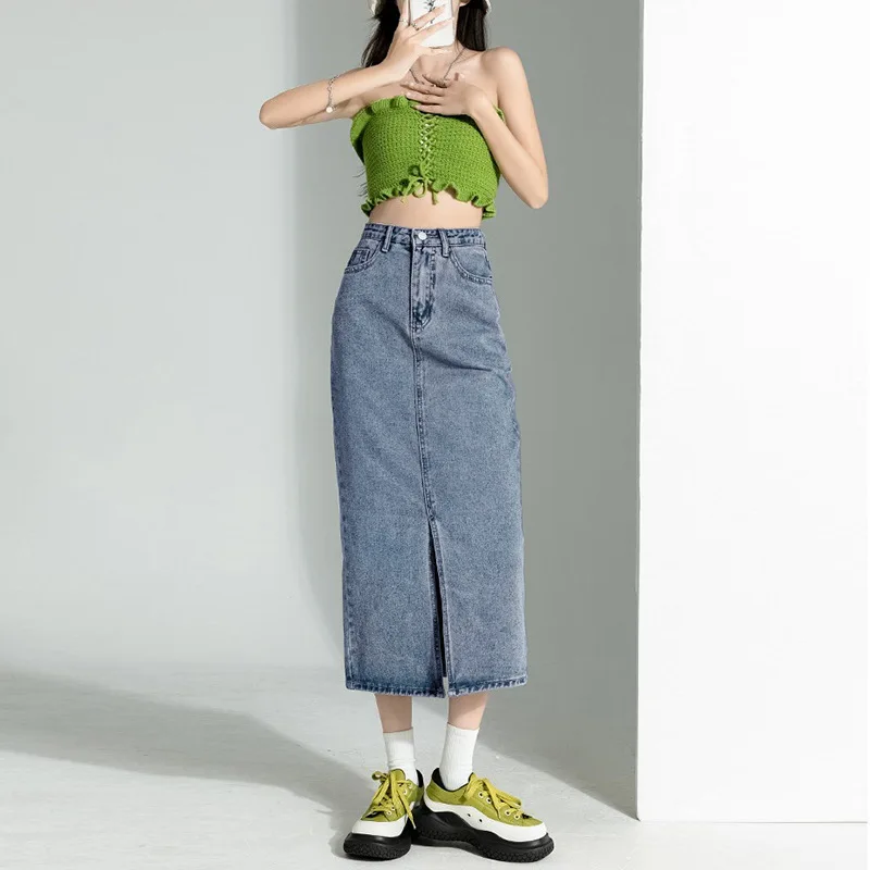 

Mid-length High Waist Denim Half Skirt for Women's 2024 Spring Summer Design Sense Korean Style Split Hip Package Skirts