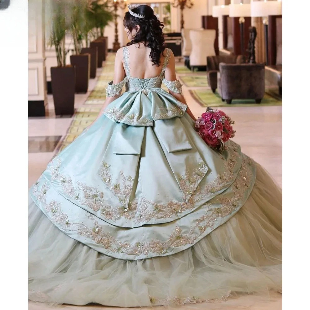 Gaun pesta putri hijau Quinceanera gaun pesta elegan gaun pesta busur gaun pengantin jubah ulang tahun gaun pengantin leher Sweetheart Vestido De Novia