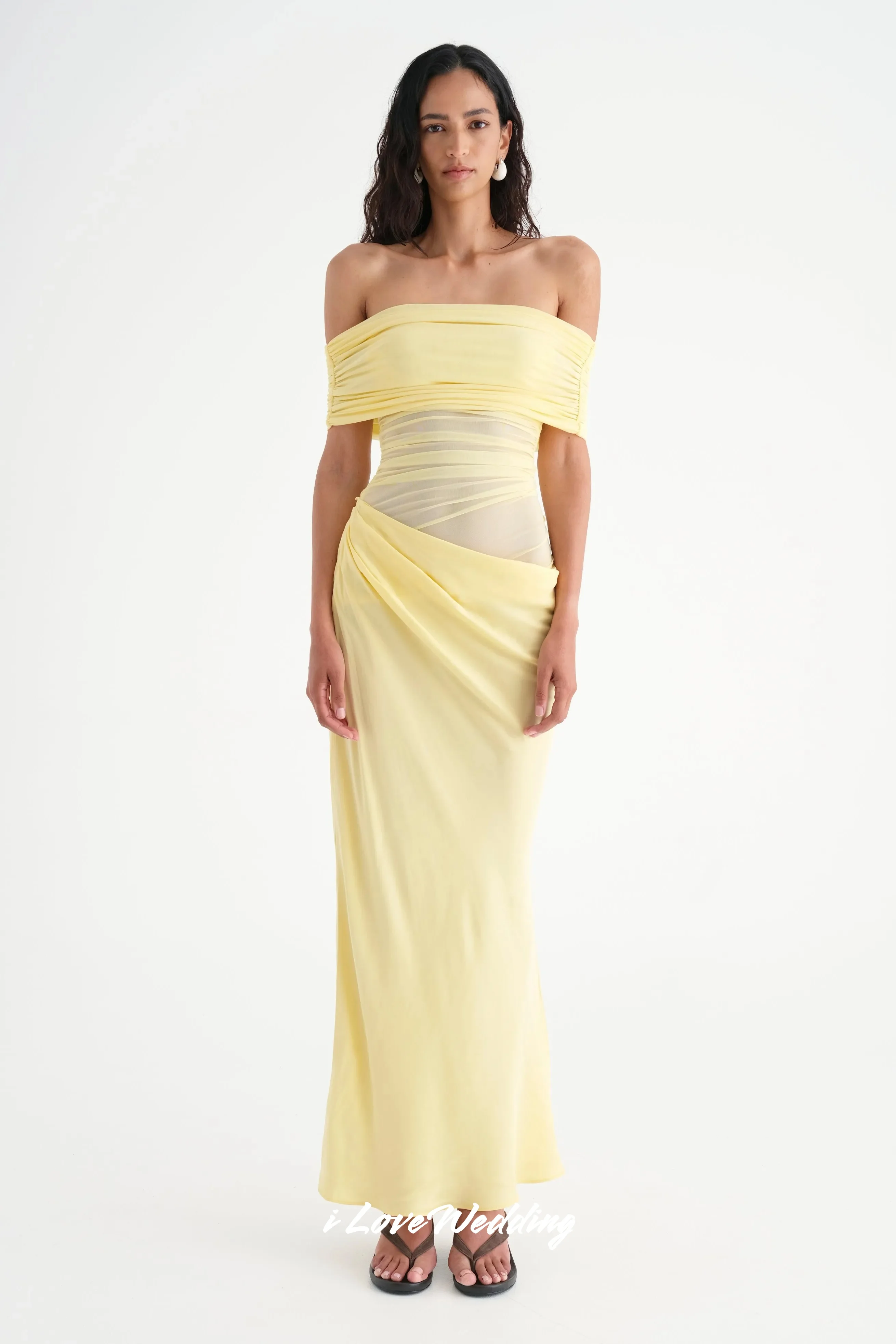Yellow Off the Shoulder Evening Dress 2025 Chiffon Strapless Pleated Floor-Length Mermaid Dress for Special Occasions Customized