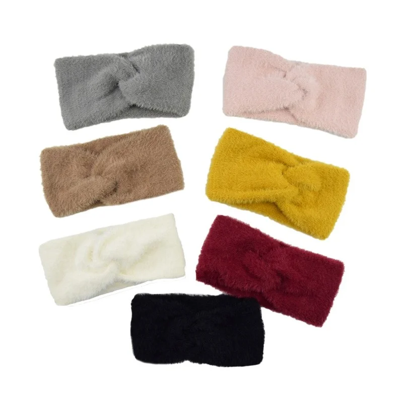 Winter Warm Plush Cross Headbands for Women Girls Soft Wide Imitation Mink Fur Knot Hairbands Turbans Ladies Hair Accessories