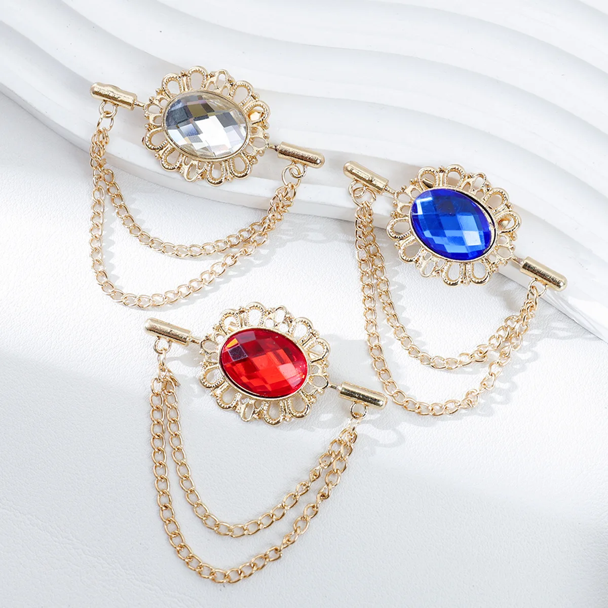 Vintage Tassel Chain Crystal Oval Collar Brooch for Women Men Rhinestone Lapel Suit Shirt Clothing Accessories