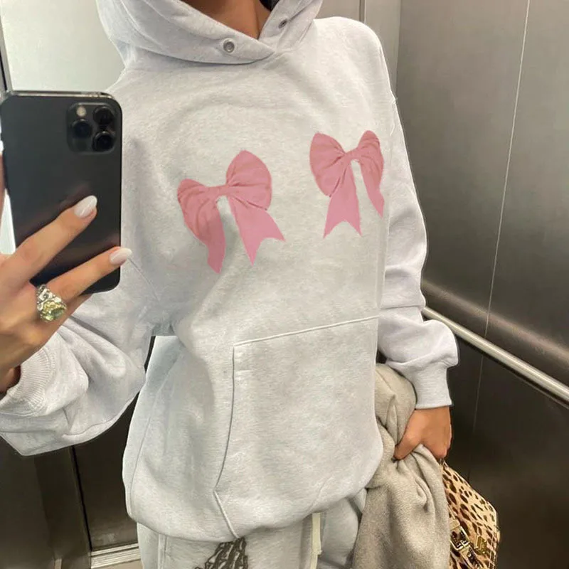 Korean Fashion Bow Print Women Hoodie Kawai Harajuku Casual Streetwear Aesthetic Y2K Pullover Loose E-girl Jacket Couple Tops